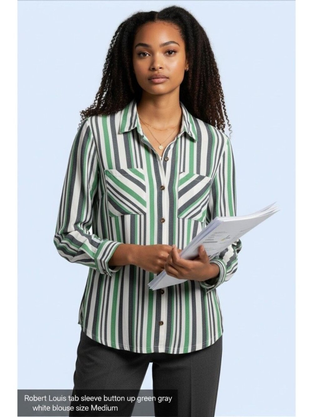 Robert Louis tab sleeve button up green gray white stripe blouse size M